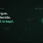 Dark graphic with the words "Agents argue. Humans decide. Every edit is kept." beside an argument graph where a human steward rejects one AI argument, adds another, and the mixed-air label is committed.