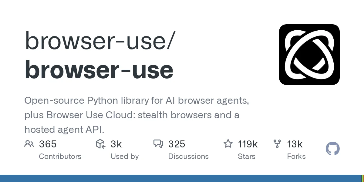 browser-use/browser-use GitHub repository card with contributor, star and fork counts