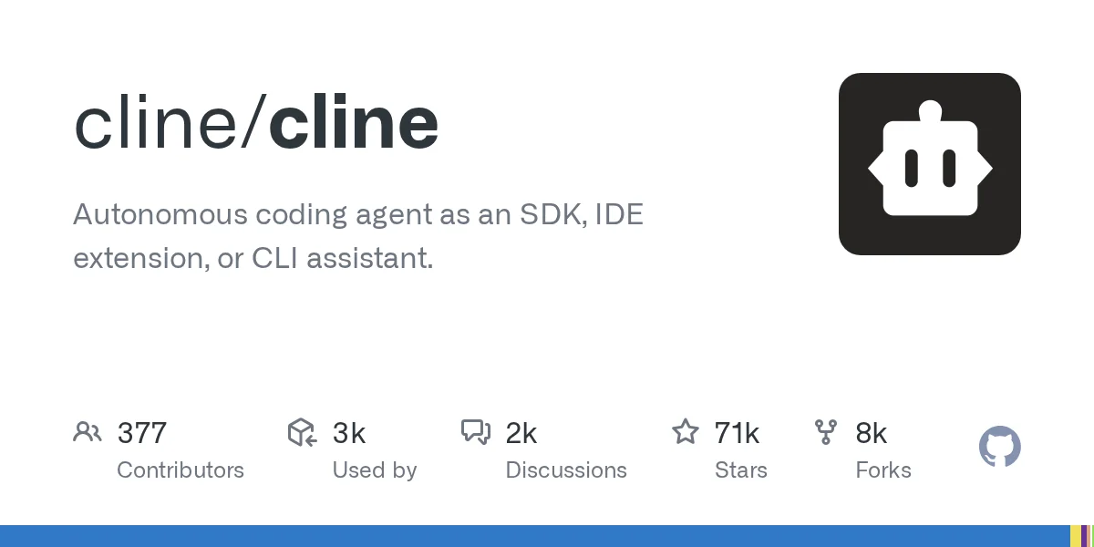 cline/cline GitHub repository card with contributor, star and fork counts
