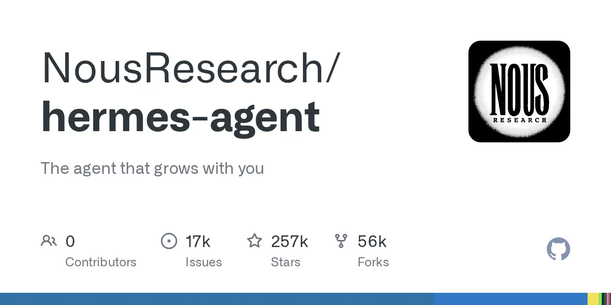 NousResearch/hermes-agent GitHub repository card with contributor, star and fork counts