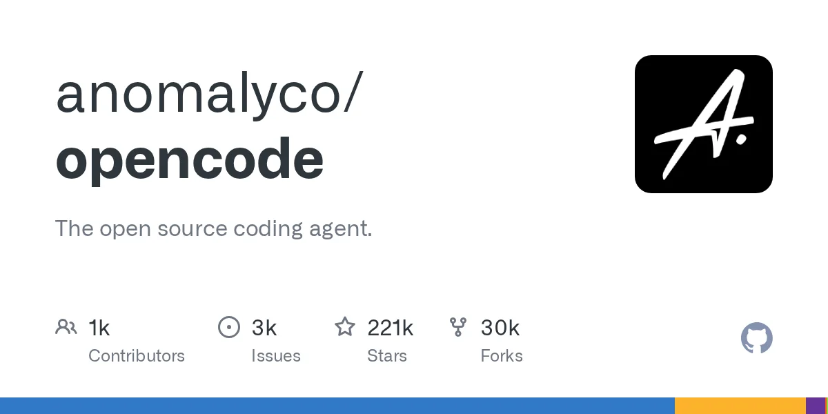 anomalyco/opencode GitHub repository card with contributor, star and fork counts