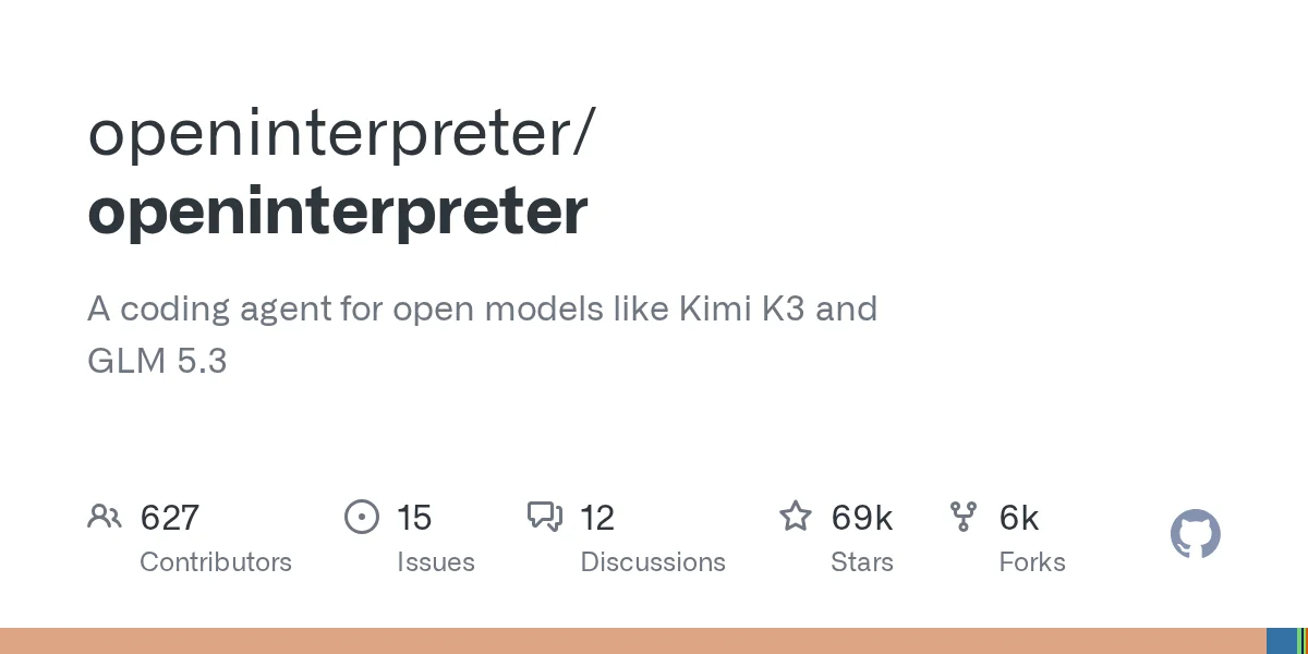 openinterpreter/openinterpreter GitHub repository card with contributor, star and fork counts